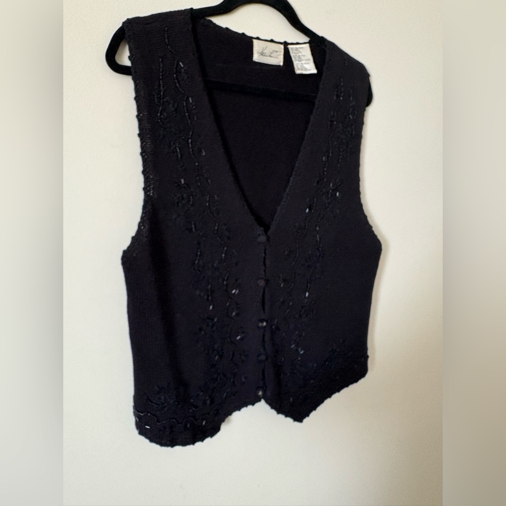 Vintage Kathie Lee Embroidered Bead Work Cable Knit Vest Boho Black SzM